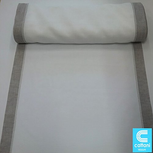 Mauro Vorhänge, Meterware, Breite 40/45/50/60/65/70/80/90 cm, Stoff: 100 % Polyester, Leinenoptik, Farbe: weiß mit grauem Rand 40 cm Weiß / Grau