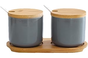 OnePine Set di 2 Zuccheriera in Ceramica, 260ml Contenitore per spezie barattoli spezie Rotonda con Coperchio e Cucchiaio, Design Elegante, per Casa e Cucina