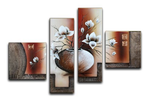 Wieco Art - Elegant Flowers Modern Stretched and Framed Artwork 4 Panels 100% Hand Painted Floral Oil Paintings on Canvas Wall Art for Home Decoration Wall DÃÂ©cor by Wieco Art