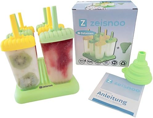 ZEISNOO 6 ice molds BPA free - FREE eBook with 50 ice recipes - with funnel for filling - self-made ice cream on the handle for children and adults - ice cream ready-to-use - dishwashers