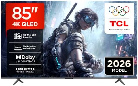 TCL TV 85T8D 4K QLED da 85” con QD-Mini LED Dimming HDR Smart TV, 4K Ultra HD, Google TV con 144Hz VRR e audio Onkyo 2.1