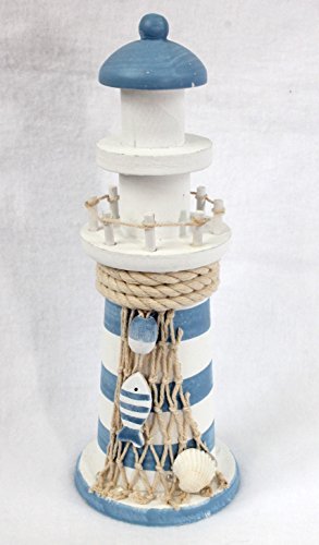 Deko Leuchtturm Holz 22 cm Hellblau-Weiss