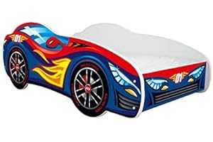 Topbeds - Letto per bambini a forma di auto sportiva, robusto telaio con sponde laterali anticaduta, legno di faggio, rete a doghe, per ragazzi e ragazze, modello Red Blue Car, 160 x 80 cm