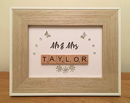Personalised Scrabble Tile Mr & Mrs Picture Frame Letters Word - Black Font
