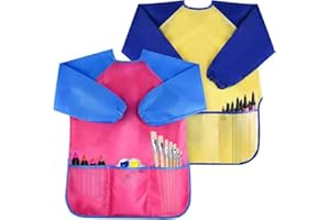 WITBICG Grembiule Asilo Bambino, 2 Pezzi Grembiule Cucina Bambini Grembiule Pittura Bambini Grembiule Asilo Bimba Con 3 Tasche, Adatto Per 2-8 Anni, Polvere e Vernice (Giallo+Rosso)