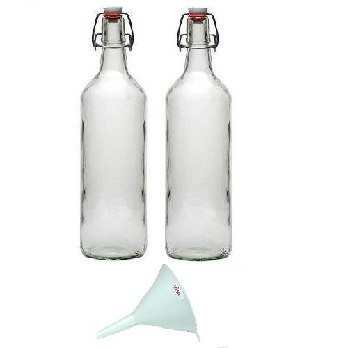 Viva Haushaltswaren - 2 x Glasflasche 1000 ml mit Bügelverschluss aus Porzellan zum Befüllen, als Milchflasche und Saftflasche verwendbar (inkl. Trichter Ø 12 cm)