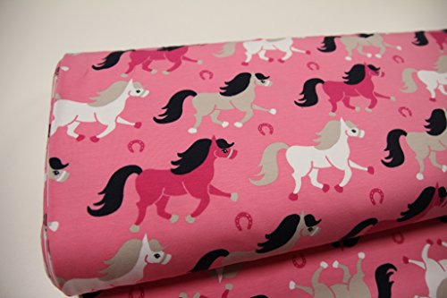Stoff / Kinder/ Meterware / ab 25cm / beste Jersey-Qualität / Jersey Pferde Hufeisen pink auf rosa