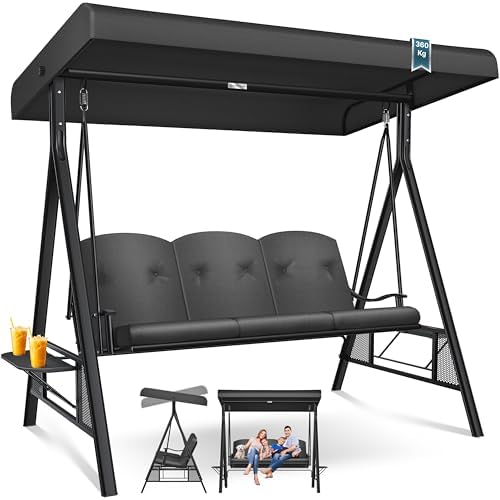KESSER® Dondolo Hollywood con tettuccio parasole, 3 Posti, cuscino di seduta, Portata fino a 360 kg, Sdraio da Giardino con piedini antiscivolo, Uso Esterno e Interno, Idrorepellente, Antracite