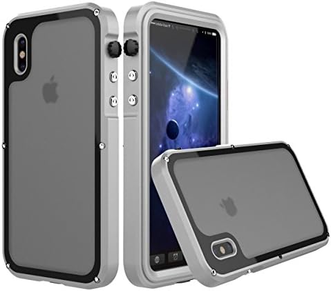 iPhone X Waterproof Metallic Case, IP68 Waterproof Underwater 10 Meters Shockproof Snowproof Dirtyproof Aluminum Bumper Slim Clear Transparent Back Case Cover for Apple iPhone X 5.8" (Silver)