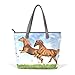 Produktbild COOSUN Zwei Pferde Frolic auf der Ebene großen Tote PU-Leder-Handgriff-Schulter-Beutel-Taschen-Tasche L (33x45x13) cm Multicolor # 002