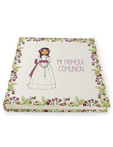 Cuadriman - Álbum de Fotos de Comunión - Clara - Greca de Flores Diseño Petiflor de Color Rosa - 30 x 30 cm.