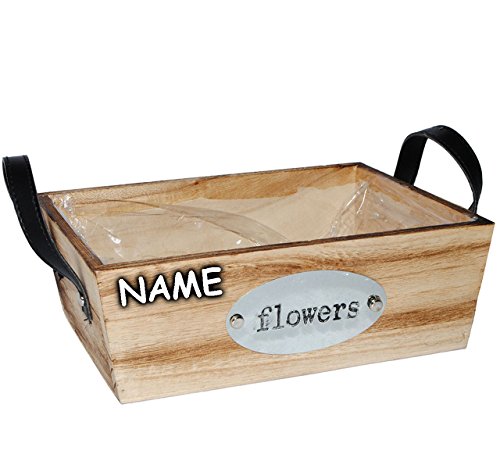 Preisvergleich Produktbild 5 Stück _ Deko - Blumentöpfe / Pflanzkübel / Pflanzschale - HOLZ - " Flowers - braun - natur " - incl. Name - lang - 25 cm - Pflanzkasten mit Henkel - Holzkiste / Holzbox - Kiste - Utensilo Dekokiste / Holzstiege - Blumenschale - Blumenkübel / Aufbewahrungsbox - z.B: Kräutergarten - Kasten / Topf - Blumen - Balkon - Garten & Terrasse Kräuterinsel - Blumeninsel - Blumenkasten - Kübel - Retro & Nostalgie - Pflanze - Dekoration - Tischdeko