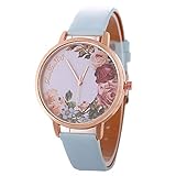 Armbanduhren Mode-Accessoires, Casual Damen Schmuck Blumenmuster Kunstleder Band Analoge Quarz-Armbanduhr - Sky Blue