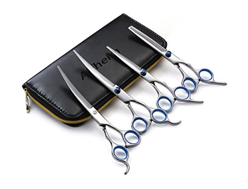 Preisvergleich Produktbild Alfheim professionelles Fellpflegeset für Haustiere, 4-teilig, Scheren-Set, 33-Zähne-Effilierschere, Schere mit gerader Klinge, 2 Scheren mit gebogenen Klingen – scharfe und starke gebogene Klinge aus Edelstahl