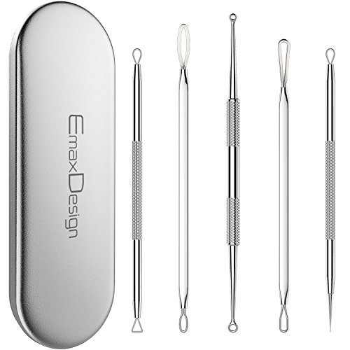 EmaxDesign 5 Stücke Mitesserentferner -Komedonenquetscher Set aus Edelstahl – doppelseitig -Nagelhautschieber Werkzeug Professionell Gesundheit Behandlung für Pickel Whiteheads Akne Extraktoren Risikofrei Glatte Nose Gesicht Haut - 5