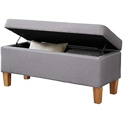 IDIMEX Banc de lit Lille Coffre de Rangement avec Assise rembourrée Pouf capitonné Bout de lit avec Pieds Coniques en Bois, Structure en MDF et revêtement en Tissu Gris