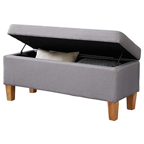 IDIMEX Banc de lit Lille Coffre de Rangement avec Assise rembourrée Pouf capitonné Bout de lit avec Pieds Coniques en Bois, Structure en MDF et revêtement en Tissu Gris