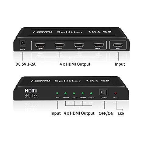 KUYiA HDMI Splitter, 1 x Entrée à 4 x Sorties Vidéo Switch, Soutiens 4K x 2K, 3D, 1080P, HDCP, Version 1.4 Repartiteur Compatible avec Xbox, PS4, PS3, Lecteur Blu-Ray, HDTV, Apple TV, DVD, Projecteur