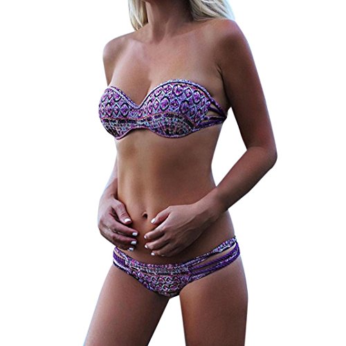 Preisvergleich Produktbild Btruely Bikini Set Damen Bademode Push-up Bikini Strandkleidung Bandeau Tankini Sport Split Blumen Swimsuit Zweiteilig Schwimmanzug Böhmen Badebekleidung (S, Lila)
