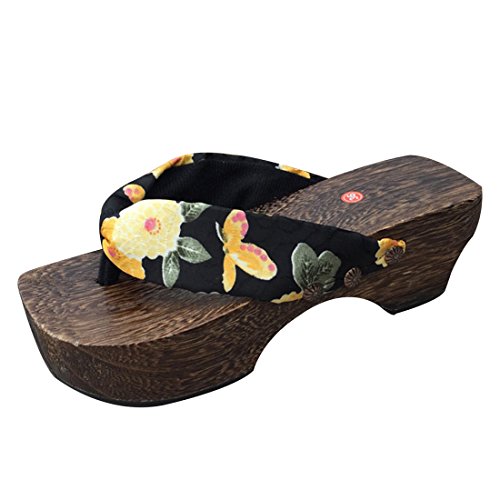 Freahap Womens Geta Sandals Flip Flops Japanese Shoes Lady Wood Slippers Black US 6