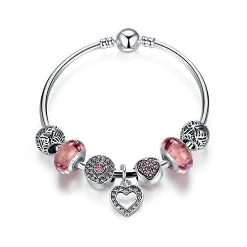 Wowl Pulseras del encanto con encantos de plata chapado granos de cristal rojas y colgante corazón para las muchachas adolescentes niños y regalo