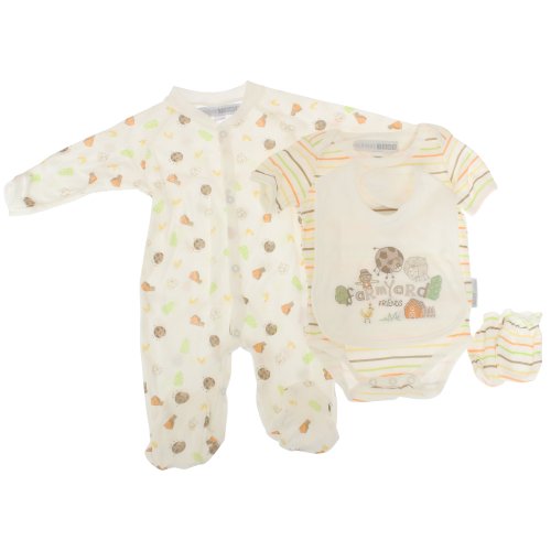 Baby Unisex Farmyard Friends Design 4 Piece Set, Sleepsuit, Bodysuit, Bib & Mittens (3-6 Months) (Cream)