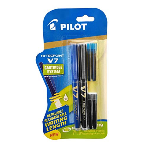 Pilot V7 Hi-tecpoint Pen with cartridge system - 1 Blue, 1 Black Pen, 2 Blue cartridges, 2 Black cartridges