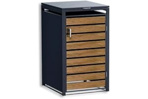 DWD Garden Single Wheelie Bin Hideaway 120L / 240L Waste Bin,Storage Shed w/Locking Doors Assisted lift up Lid easy use Outdoor Hygienic Dustbin Unit Trash Cover Steel Matt Grey with Oak Effect Door