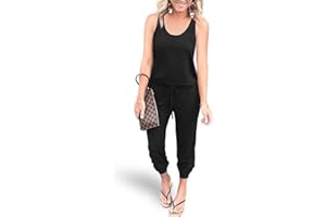 REORIA Women Summer Casual Sleeveless Tank Top Elastic Waist Loose Jumpsuit Rompers with Pockets