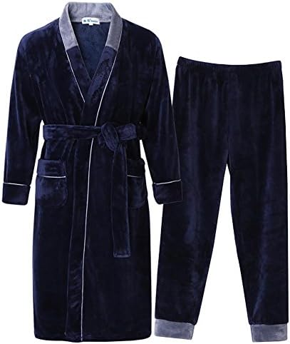 Winter Men Coral Velvet Long Nightgown Dressing Gown Bathrobe Thickening Casual Pajamas Nightwear with Pocket and Belt L-4XL Robe+Trousers , 4 , 4xl