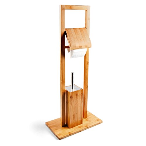 Relaxdays WC Garnitur aus Bambus H x B x T: ca. 82 x 36 x 21 cm schicker Toilettenpapierhalter aus Holz mit separatem Kunststoffbehälter Standgarnitur mit Toilettenbürste und Klorollenhalter, natur