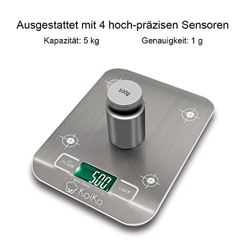 KoiKo – Digitale Küchenwaage || Elektronische Waage || Gewichtsmessung Fürs Kochen und Backen|| Bis 5 kg || Auf 1 g Exakt || Edelstahl || Grosses LCD-Display || Zuwiegefunktion (Tara-Funktion) || Inklusive 2 x AAA Batterien - 3