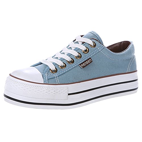 Renben Chicas Mujer Clásico Plataforma Lona Zapatillas Moda Cordón Espadrilla Zapatos Azul 3196 EU38