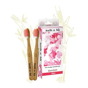 teeth-a-bit The Pledge Toothbrush Kids (5-8 Years) Slim Handle with Gum Sensitive Soft Bristles Pack of 2 Kids Bamboo Toothbrushes (Love Pink)