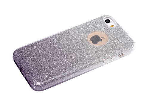 Felfy iPhone SE Hülle,iPhone 5S Schutzhülle Glitzer Hülle,iPhone 5 Schutzhülle Case TPU Bumper Case Soft Silikon Gel Schutzhülle Gradient Shinning Glitzer Bling [Weiche TPU Abdeckung + Glitzer Papier + PP innere Schicht] [Drei in Einem] Schutzhülle Schutzhülle Tasche Silicone Rückseite Hülle Etui Cover für Apple iPhone SE/5S/5 (Gradient Grau Schwarz) + 1x Schwarz Stylus + 1x Screen Protector - 2