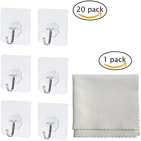 PHIMIITA Wall Hooks,Transparent Reusable Hooks Heavy Duty Waterproof Wall Hooks Nail Free 10kg Rotatable Hook Tip Max Super Adhensive Hooks for Kitchen Bathroom Door Ceiling Hanger (20 Pack)