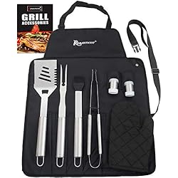 Romanticist 8Pcs Outils de Barbecue en Acier Inoxydable de Haute Qualité avec étui de Rangement pour Tablier - Ensemble de Grillades Professionnelles - Livré avec Ensemble de Brochettes