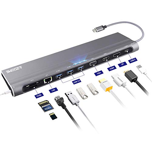 Azdome HUB USB C Adaptador 12 en 1,4K HDMI/VGA/DP/USB 3.0/Tipo C/Tarjeta SD/Tarjeta TF/Ethernet RJ45?Concentrador Multipuerto para MacBook,Mac Pro,Chromebook,Huawei,Windows Lenovo,Xiaomi,DELL,Samsung