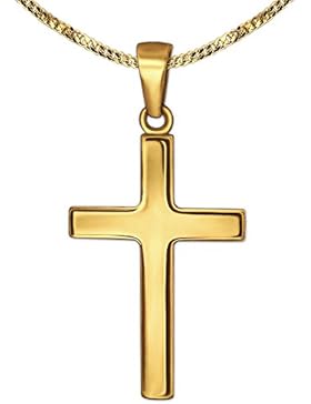 CLEVER SCHMUCK Goldener Anhänger Kreuz 21 mm schlicht glänzend 375 GOLD 8 KARAT mit vergoldeter Kette Panzer 50 cm