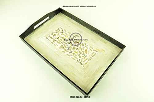 wooden tray handmade serving tray platter rectangular wood tray lacquer inlaid with mother of pearl sea shell fine quality decorative tray medium size cream black, H063M