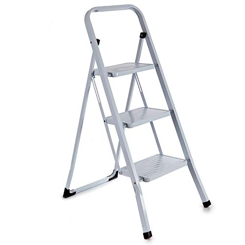 TU TENDENCIA ÚNICA Escalera metálica blanca plegable con peldaños anchos, con apoyabrazos. Tacos antideslizantes. Capacidad de carga 150kg (3 peldaños)