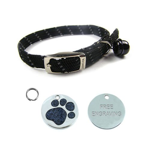 ANCOL-Cat-Black-Reflective-Elasticated-Softweave-Collar-With-Engraved-Paw-Print-Glitter-Cat-ID-Tag