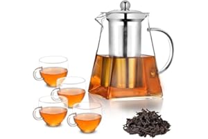 WARMTEASET Square Glass Teapot with Infuser, Tea Pot for One, Clear Easy Clean Borosilicate for Stovetop Safe,Glass Teapots for Blooming Tea,Loose Tea,Flowering Tea (950ML+4CUPS)