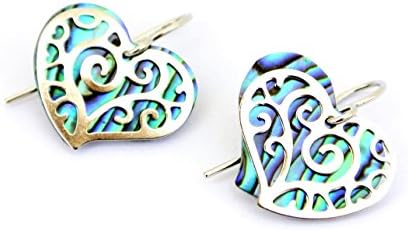Abalone Paua Shell Small / Petite / Filigree Heart Drop Earrings in New Zealand - 19 x 16 MM