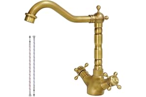 KOPYFANTAP Rubinetto Lavabo in Ottone Anticato, Retrò Rubinetto Lavello Cucina Bronzo, 360° Girevole Vintage Miscelatore con Doppia Maniglia per Bagno Cucina