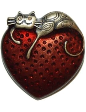 Brosche Bronze Antik-Optik liegende Katze auf rotem Herz inkl. Geschenkbeutel