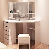 3 seccionada espejo grande. TUKAILAI tukai LAI Blanco Esquina Mesa de Maquillaje con Taburete y Espejo tocador tocador Mesa de Maquillaje con 5 cajones Dormitorio Muebles