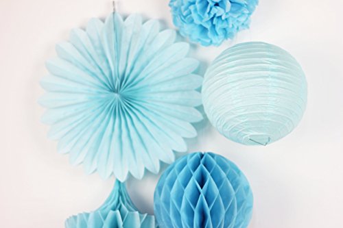 SUNBEAUTY Blau Set Papier Blumen PomPoms Wabenball LampionGeburtstag Babyshower Dekoration - 2