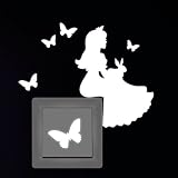 Wandtattoo Loft "Fluoreszierende Prinzessin mit Hase und Schmetterlingen" Leuchtaufkleber für Steckdose oder Lichtschalter / Fluoreszierende leuchtende Sticker für das Kinderzimmer