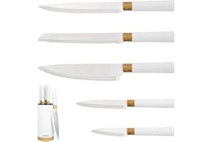 Blackmoor Orb 5 Piece Knife Set with Storage Stand/Stainless Steel Knives with Soft Grip Handles & Brushed Steel or Wood Detail/Easy Clean Essential Kitchen Accessory (White & Wood Effect)